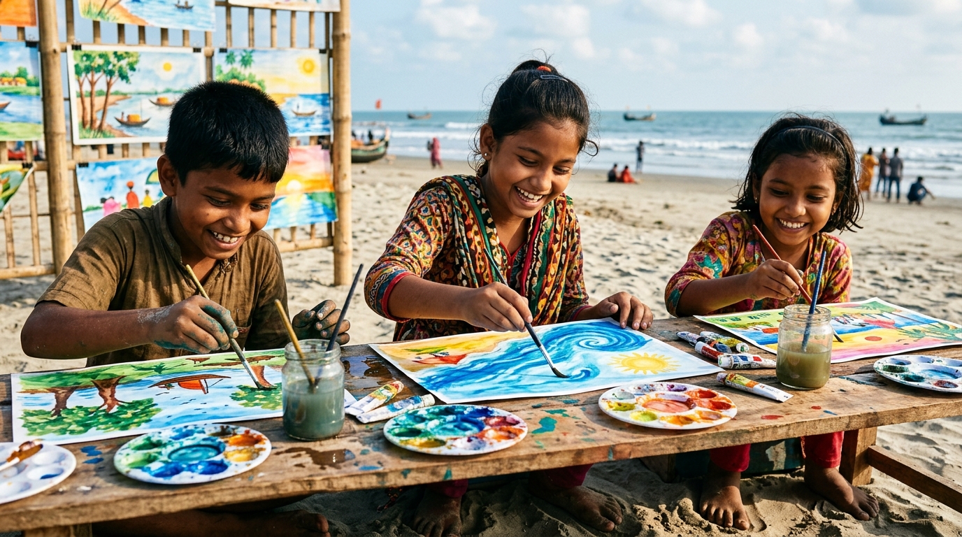 সৈকতে ছবি আঁকার সৃজনশীল মুহূর্ত