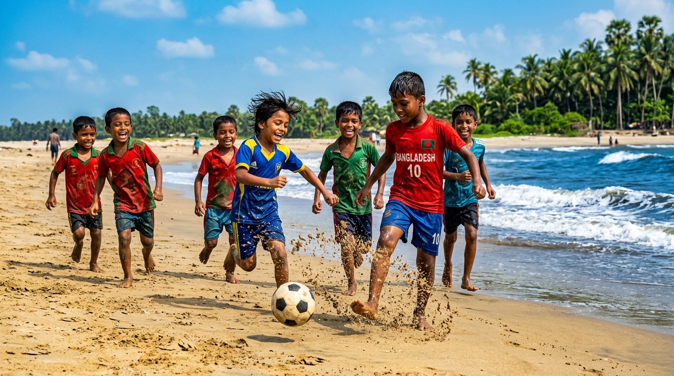 সৈকতে ফুটবল খেলার রোমাঞ্চকর মুহূর্ত