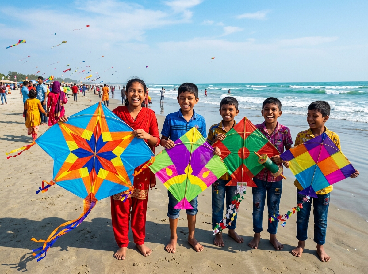 সৈকতে ঘুড়ি হাতে উৎসবমুখর আনন্দ